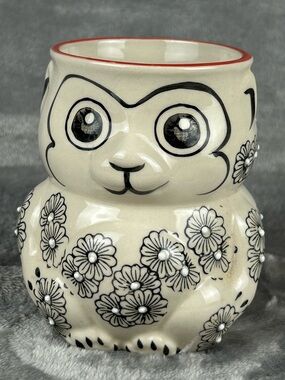 Yokohama Studio Hand Painted Monkey Mug 3D Blue Cream Red Handle 16 oz EUC